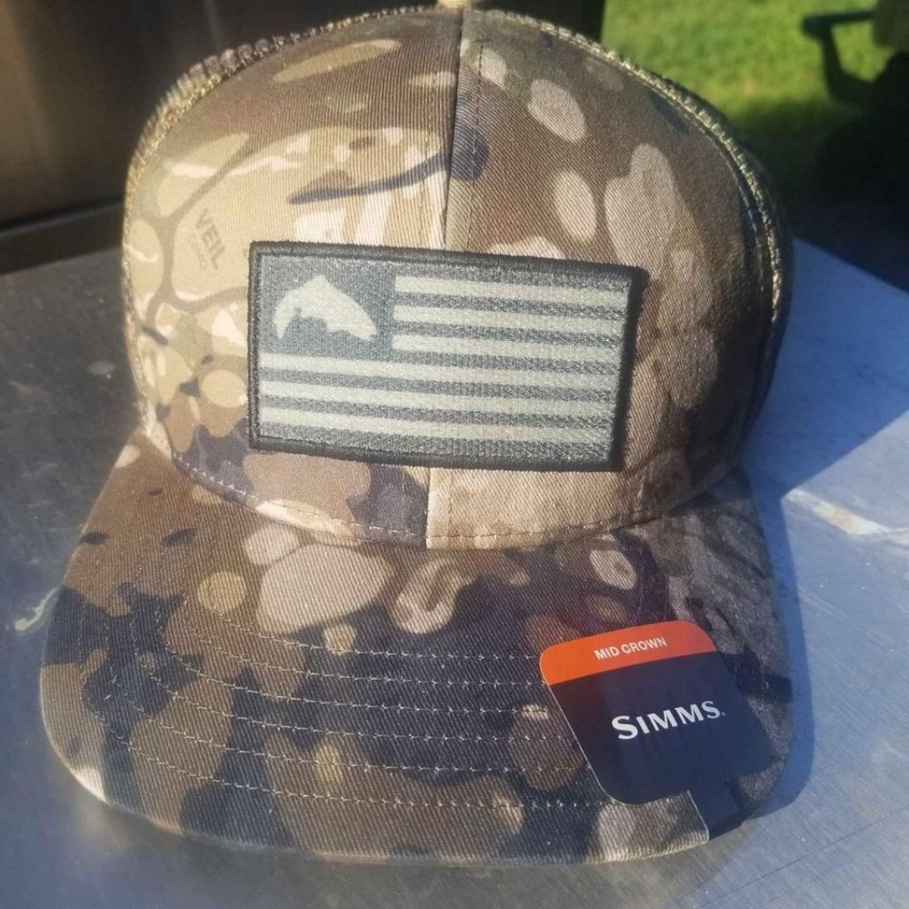 Simms Men's Fishing Tactical Trucker Hat Hunting  - Riparian Camo U.S Flag NWT